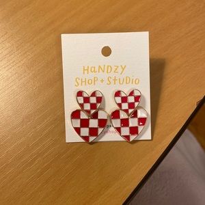 Red checkered double heart earrings